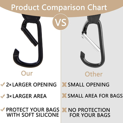 Stroller Hooks 2 Pack, Heavy Duty Leather Clips for Diaper Bags, Adjustable Carabiner Clips for Stroller, Bike, Wheelchair, Universal Stroller Accessories (Black Hanging Strap with Black Hook)