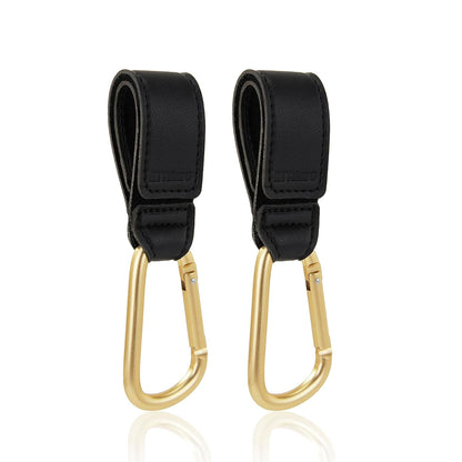 Stroller Hooks 2 Pack, Heavy Duty Leather Clips for Diaper Bags, Adjustable Carabiner Clips for Stroller, Bike, Wheelchair, Universal Stroller Accessories (Black Hanging Strap with Black Hook)