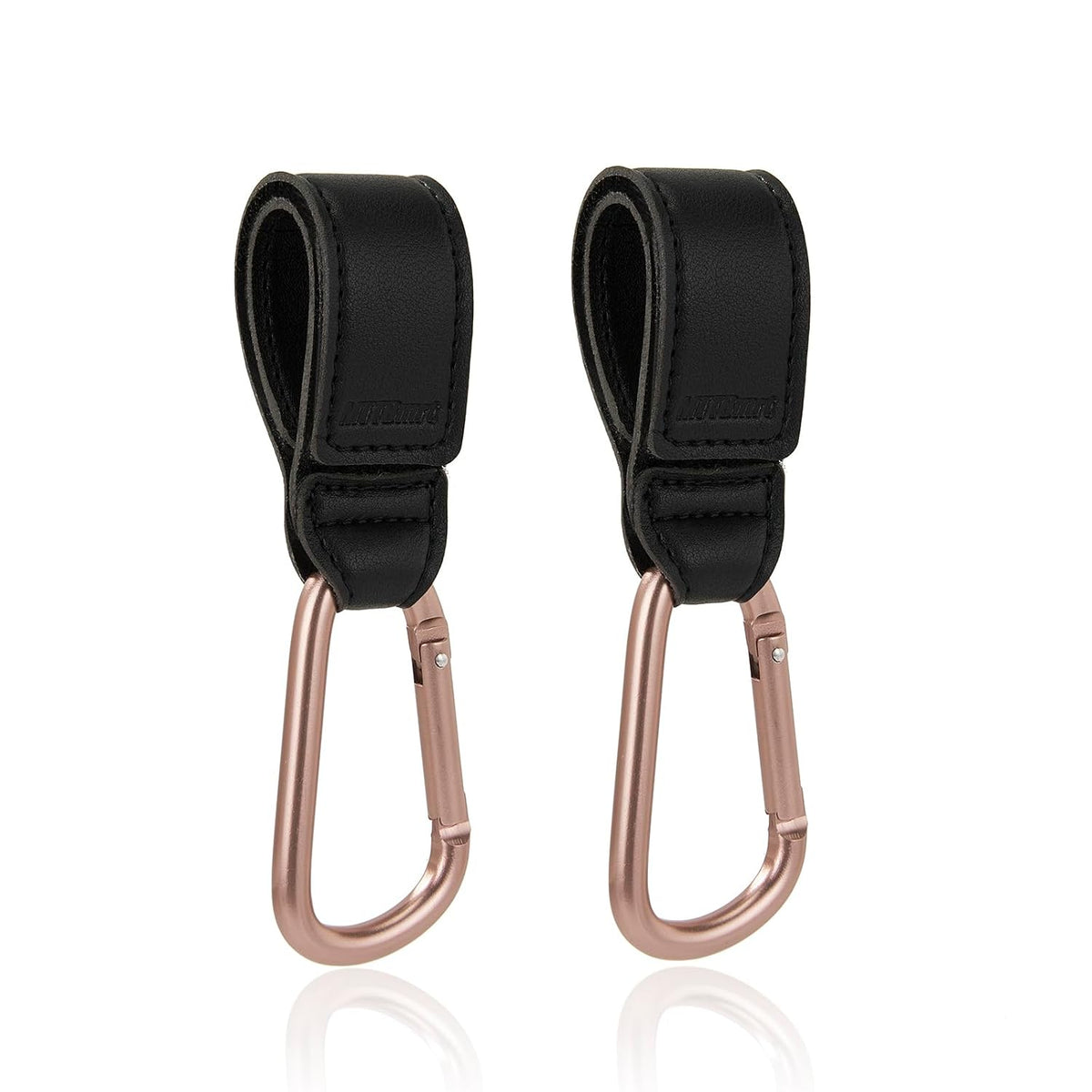 Stroller Hooks 2 Pack, Heavy Duty Leather Clips for Diaper Bags, Adjustable Carabiner Clips for Stroller, Bike, Wheelchair, Universal Stroller Accessories (Black Hanging Strap with Black Hook)