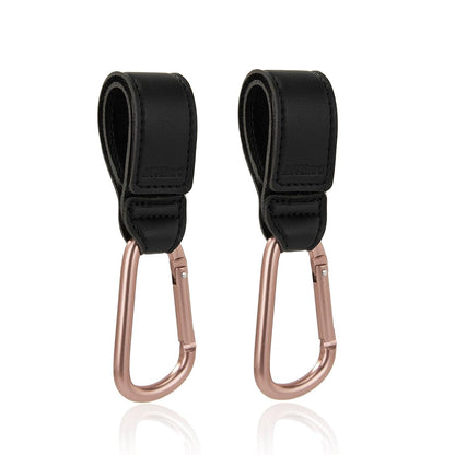 Stroller Hooks 2 Pack, Heavy Duty Leather Clips for Diaper Bags, Adjustable Carabiner Clips for Stroller, Bike, Wheelchair, Universal Stroller Accessories (Black Hanging Strap with Black Hook)