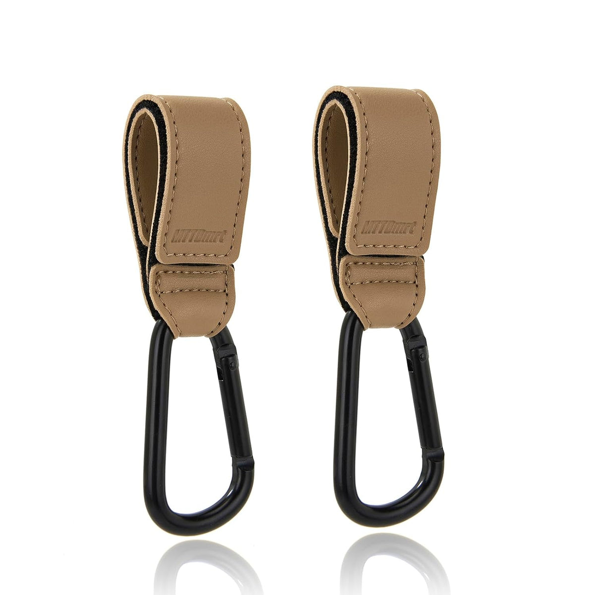 Stroller Hooks 2 Pack, Heavy Duty Leather Clips for Diaper Bags, Adjustable Carabiner Clips for Stroller, Bike, Wheelchair, Universal Stroller Accessories (Black Hanging Strap with Black Hook)