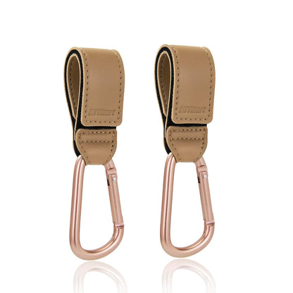 Stroller Hooks 2 Pack, Heavy Duty Leather Clips for Diaper Bags, Adjustable Carabiner Clips for Stroller, Bike, Wheelchair, Universal Stroller Accessories (Black Hanging Strap with Black Hook)