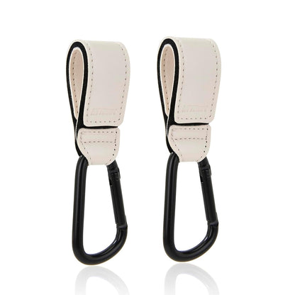 Stroller Hooks 2 Pack, Heavy Duty Leather Clips for Diaper Bags, Adjustable Carabiner Clips for Stroller, Bike, Wheelchair, Universal Stroller Accessories (Black Hanging Strap with Black Hook)