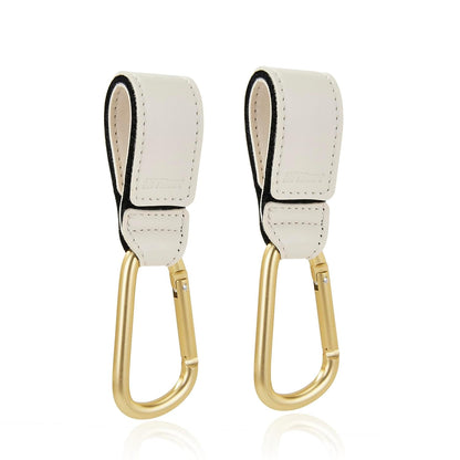 Stroller Hooks 2 Pack, Heavy Duty Leather Clips for Diaper Bags, Adjustable Carabiner Clips for Stroller, Bike, Wheelchair, Universal Stroller Accessories (Black Hanging Strap with Black Hook)