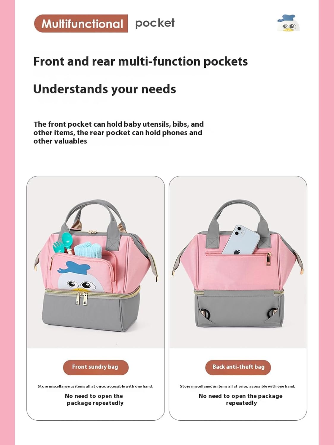 Large Capacity Diaper Bag Backpack, 2-Layer Design with Insulated Bottle Storage, Waterproof Baby Care Organizer, (Neutral Grey)
