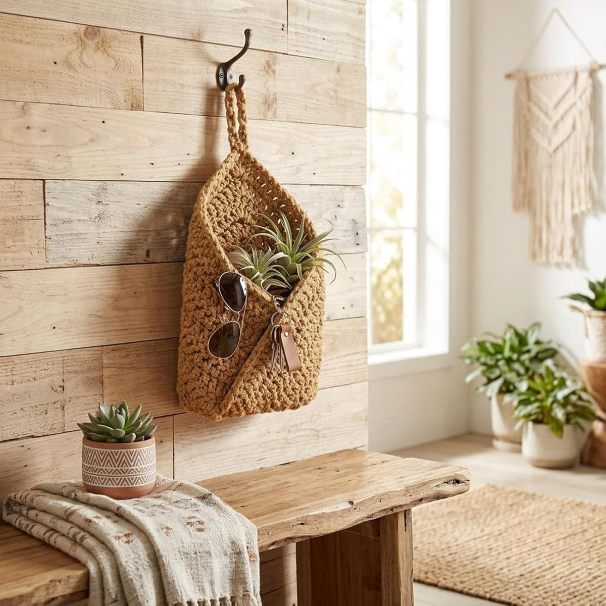 Boho Woven Hanging Storage Basket Small Wall Decor Organizer (Brown,S)