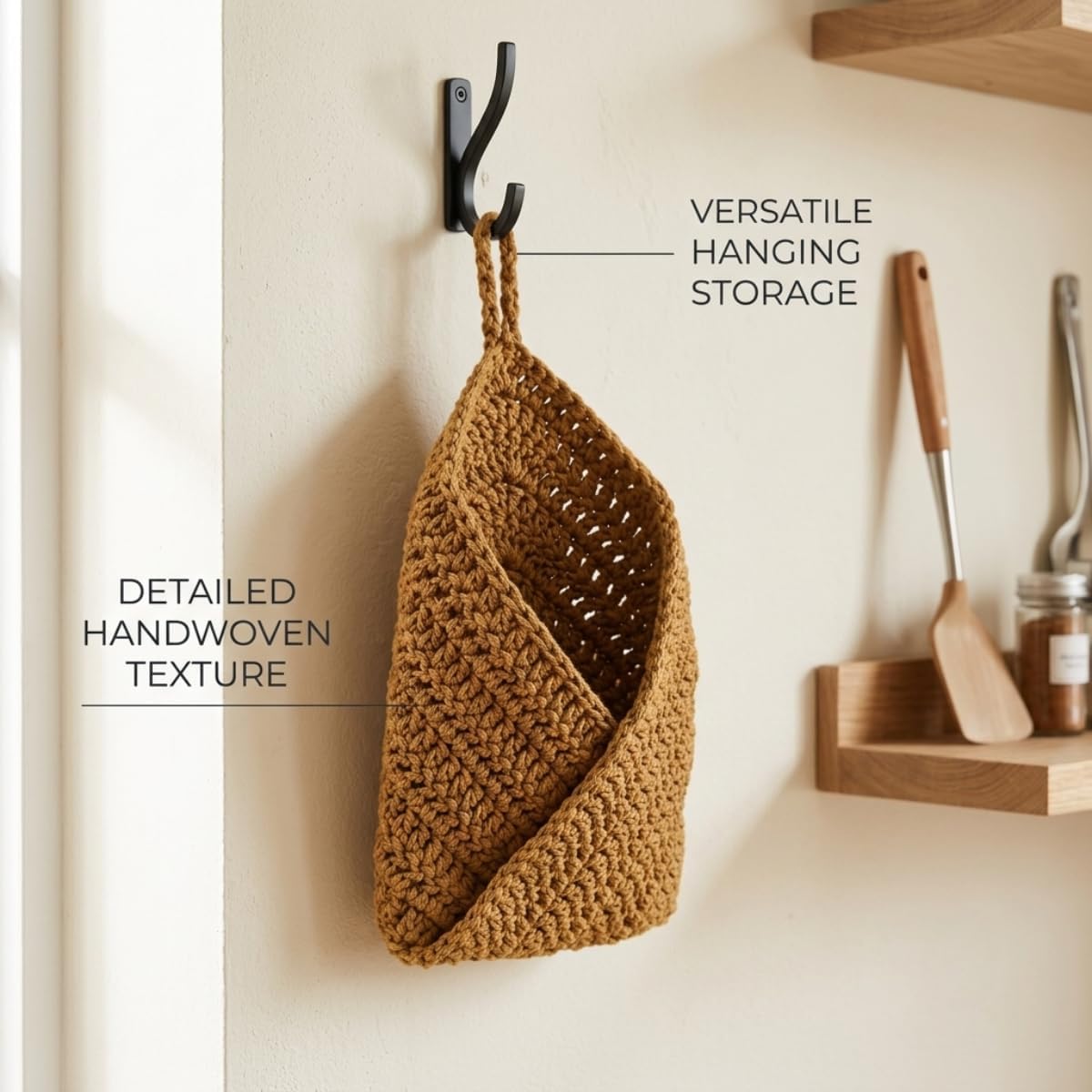 Boho Woven Hanging Storage Basket Small Wall Decor Organizer (Brown,S)