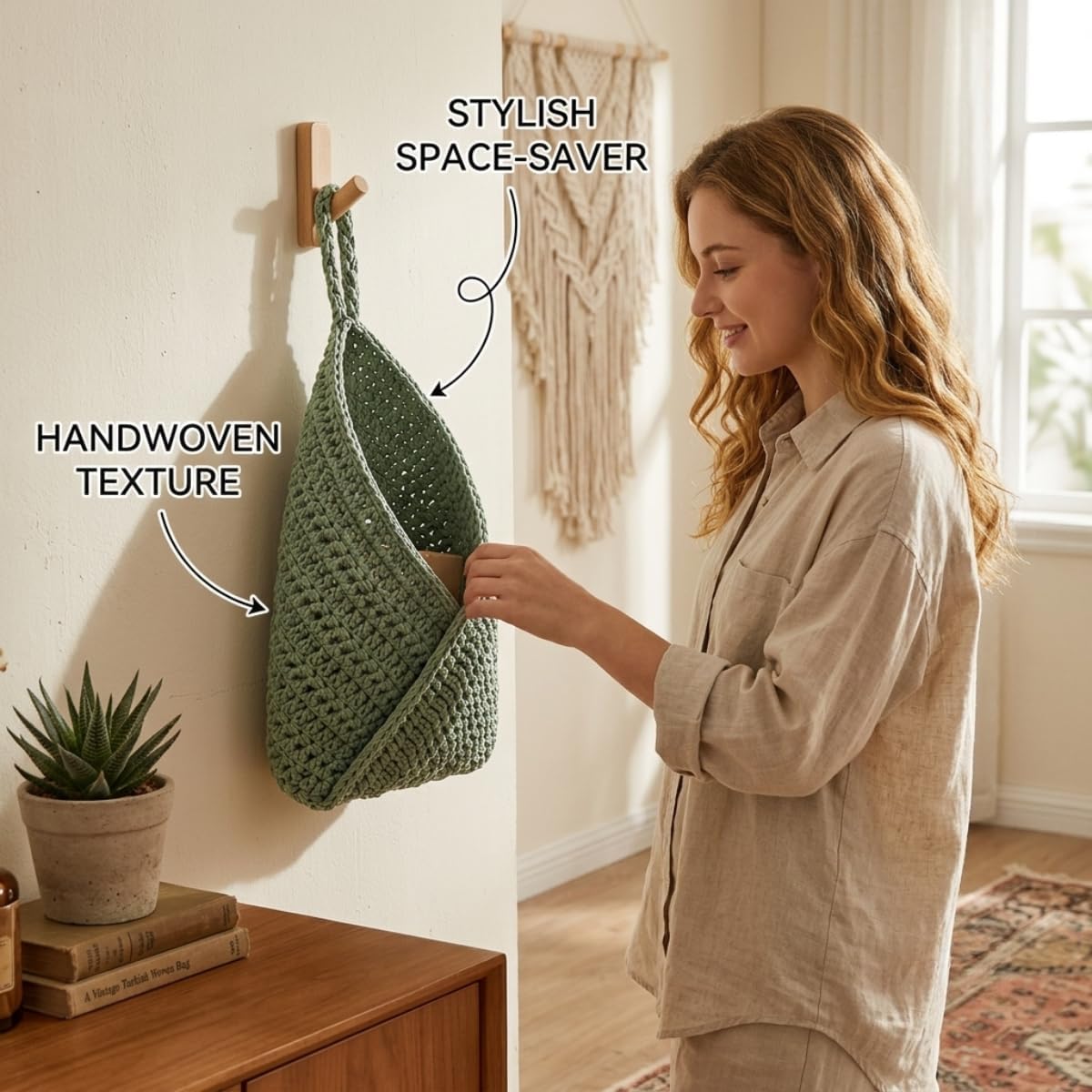 Boho Woven Hanging Storage Basket Small Wall Decor Organizer (Brown,S)