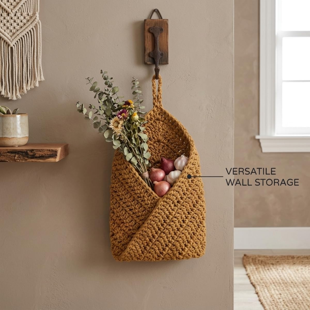 Boho Woven Hanging Storage Basket Small Wall Decor Organizer (Brown,S)