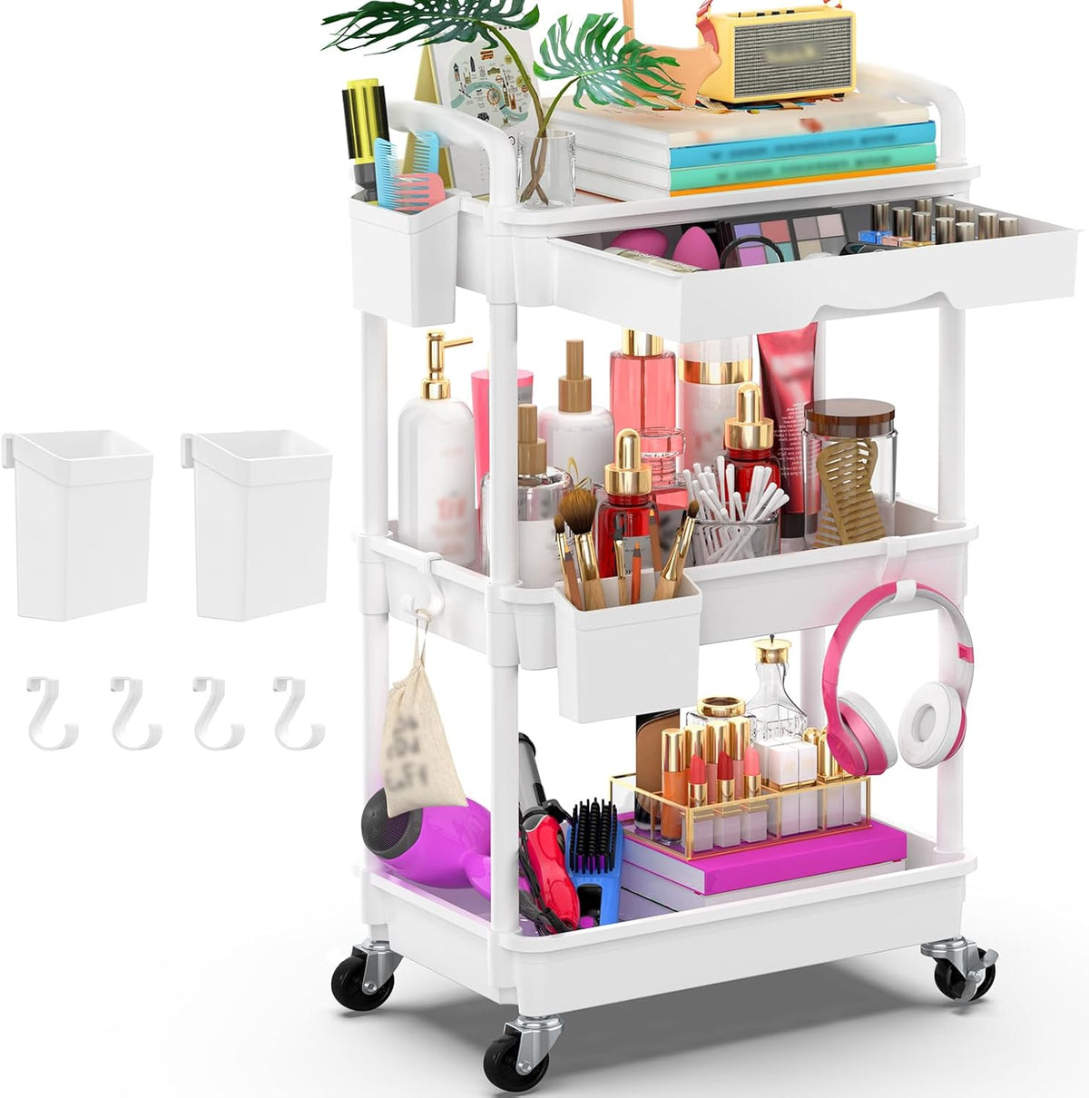 3 Tier Rolling Utility Cart Organizer with Removable Drawer, White