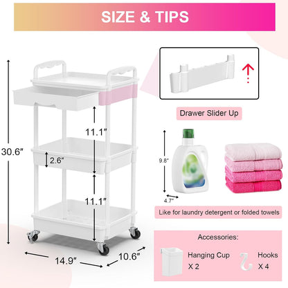 3 Tier Rolling Utility Cart Organizer with Removable Drawer, White