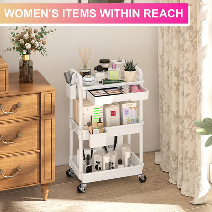 3 Tier Rolling Utility Cart Organizer with Removable Drawer, White