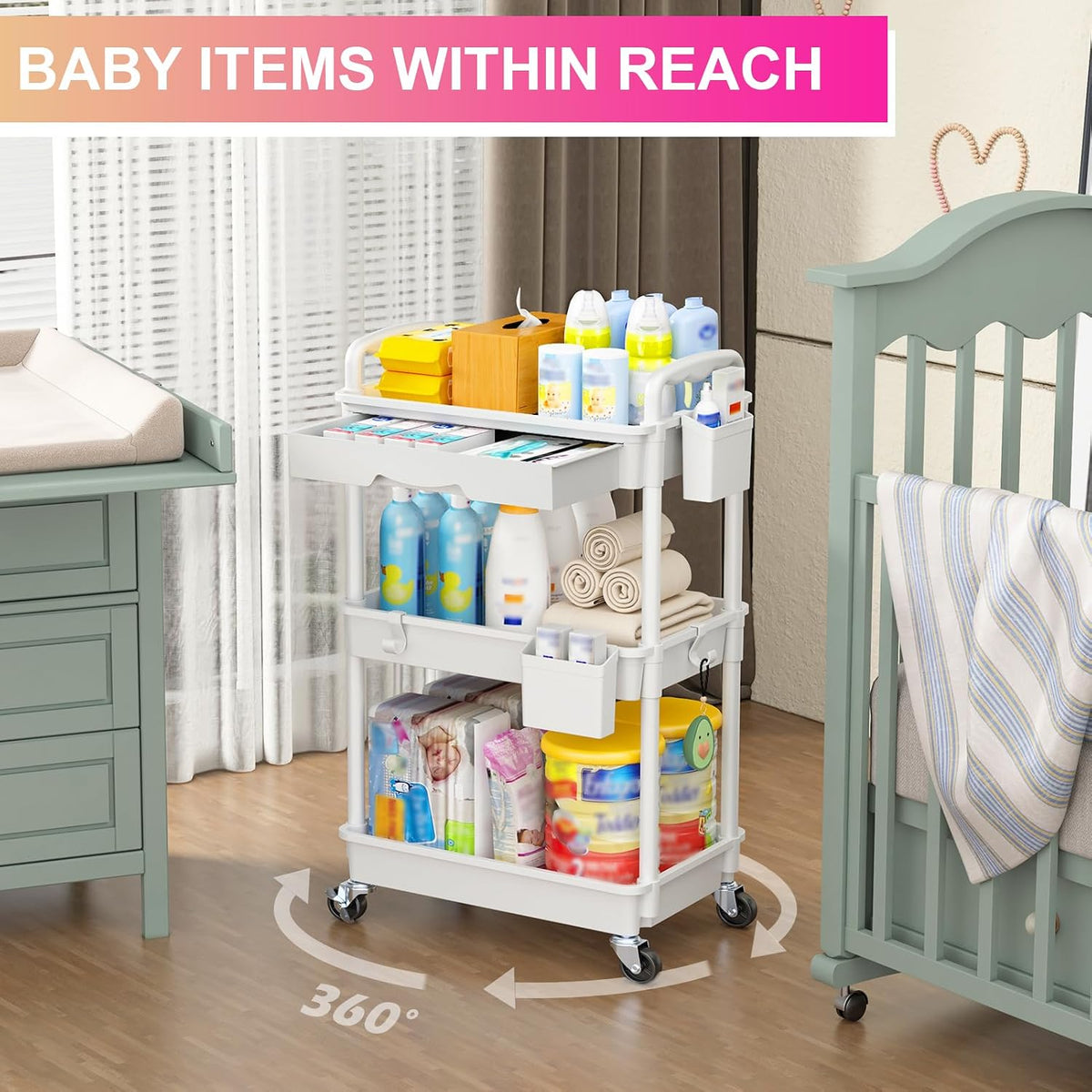 3 Tier Rolling Utility Cart Organizer with Removable Drawer, White