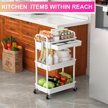3 Tier Rolling Utility Cart Organizer with Removable Drawer, White