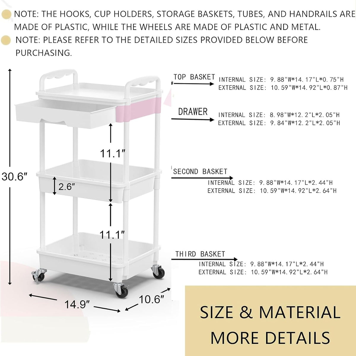 3 Tier Rolling Utility Cart Organizer with Removable Drawer, White
