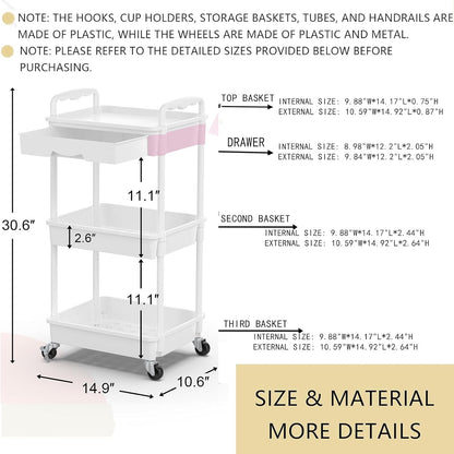 3 Tier Rolling Utility Cart Organizer with Removable Drawer, White