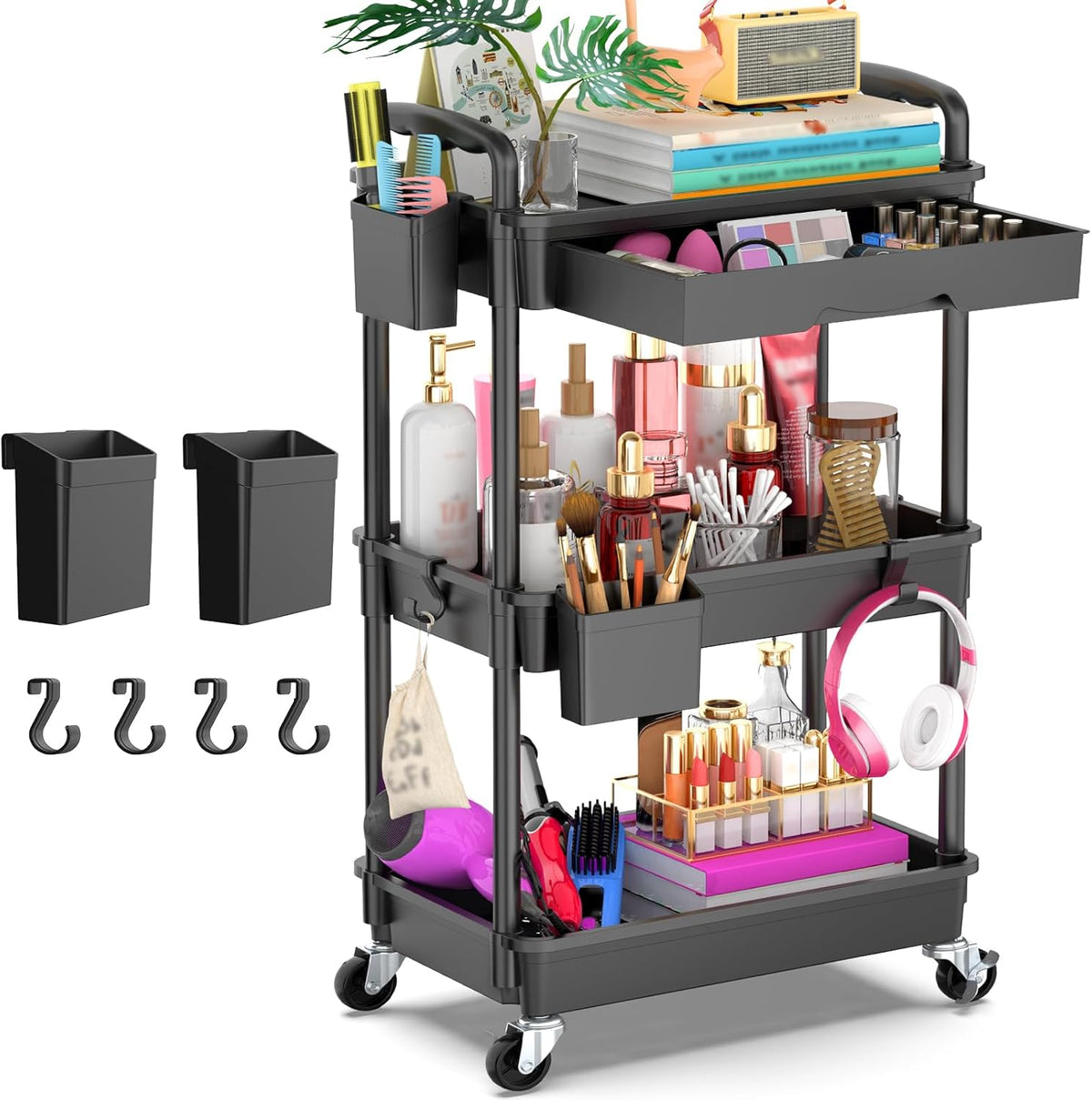 3 Tier Rolling Utility Cart Organizer with Removable Drawer, White