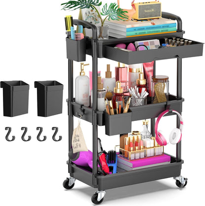 3 Tier Rolling Utility Cart Organizer with Removable Drawer, White