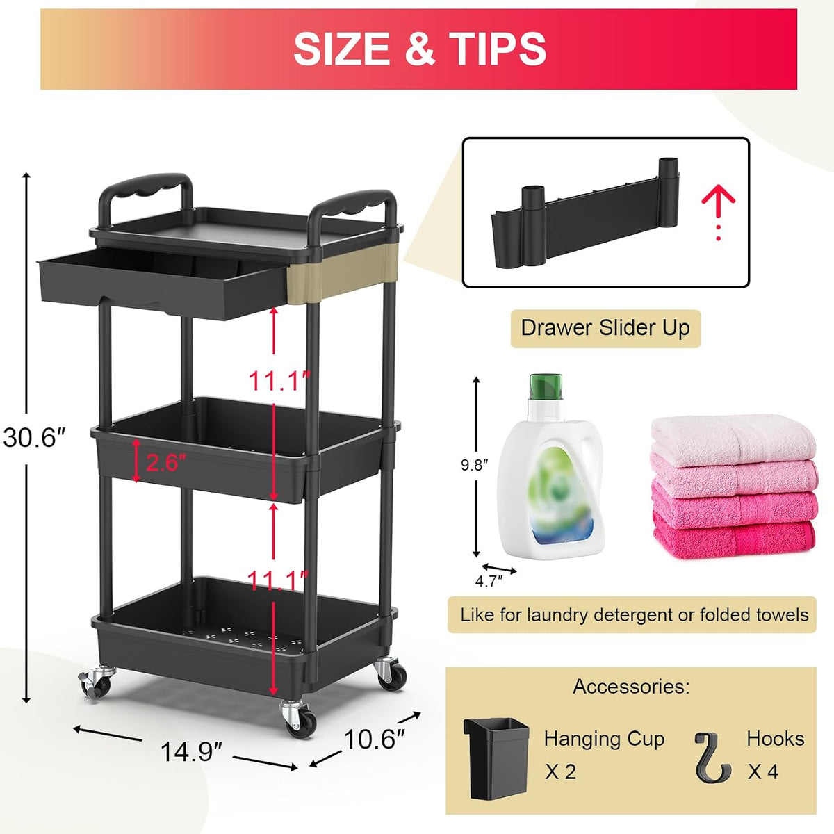 3 Tier Rolling Utility Cart Organizer with Removable Drawer, White