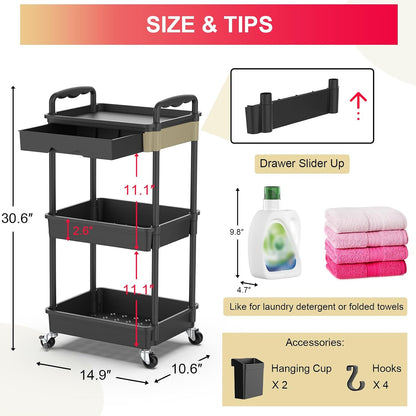 3 Tier Rolling Utility Cart Organizer with Removable Drawer, White