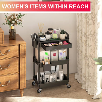 3 Tier Rolling Utility Cart Organizer with Removable Drawer, White