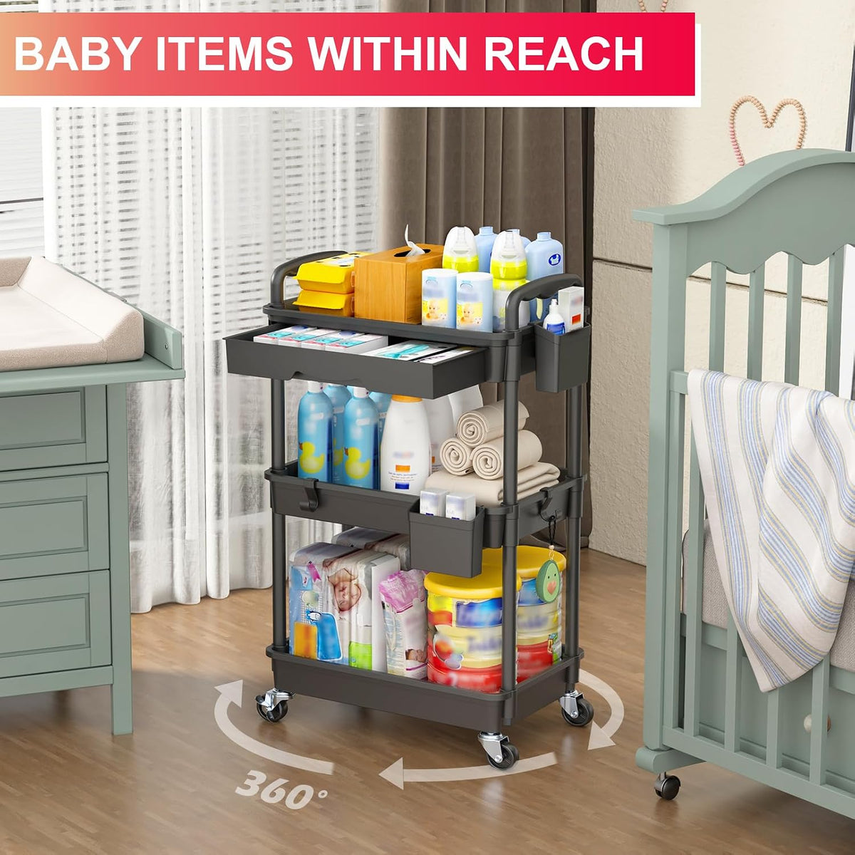 3 Tier Rolling Utility Cart Organizer with Removable Drawer, White