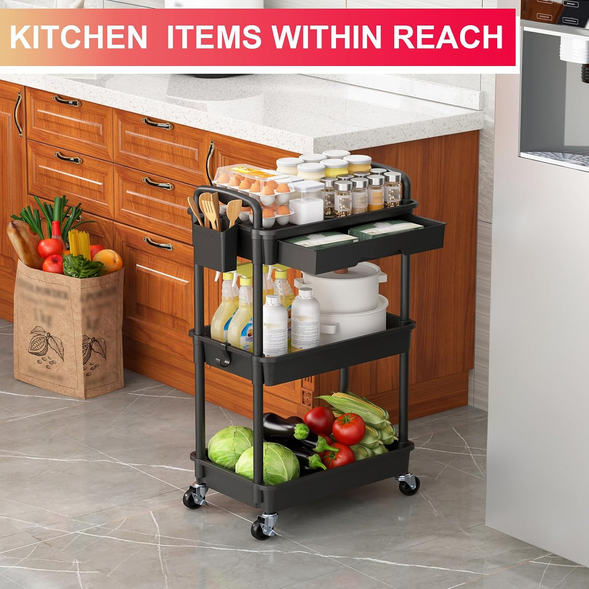 3 Tier Rolling Utility Cart Organizer with Removable Drawer, White