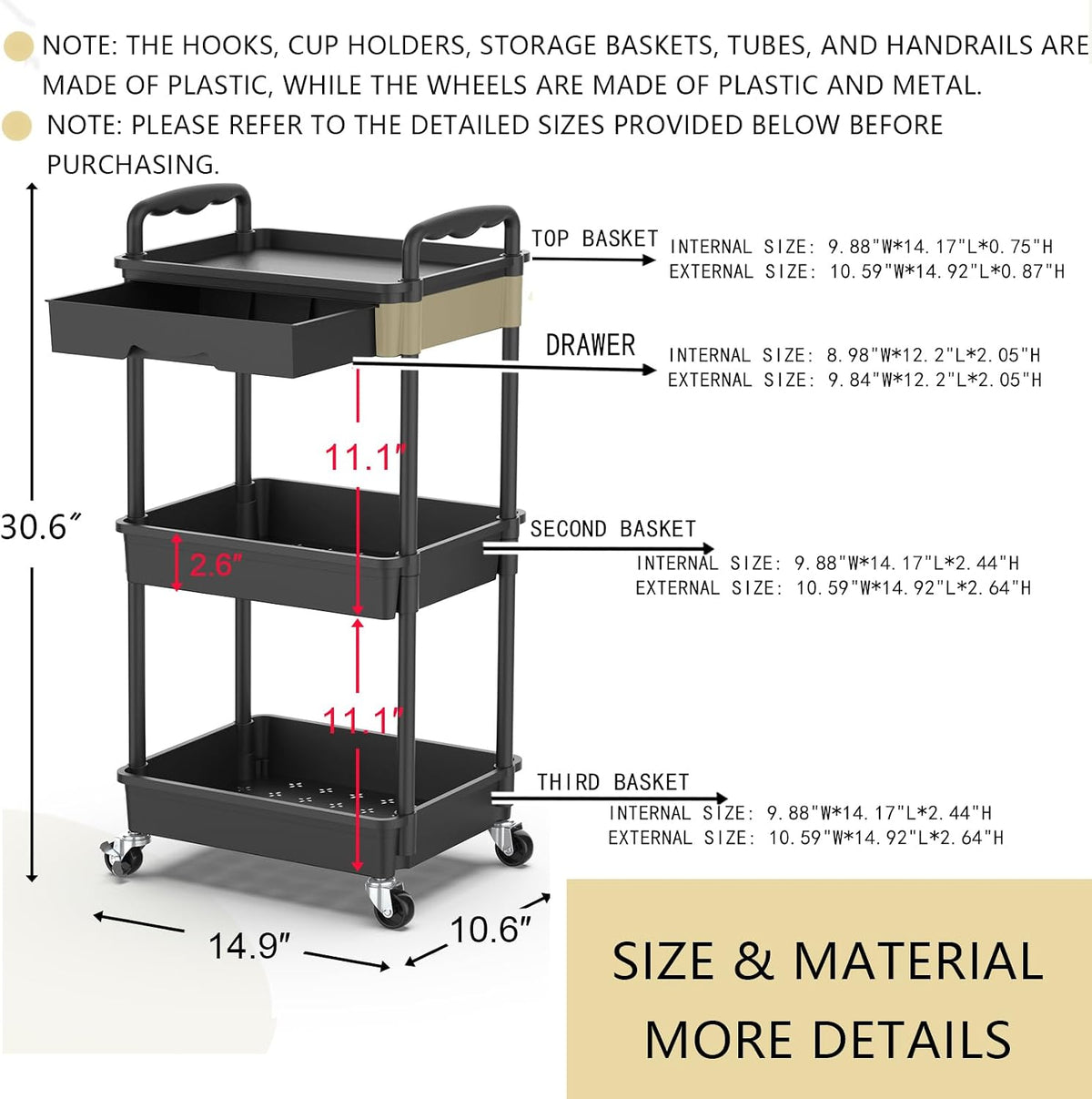 3 Tier Rolling Utility Cart Organizer with Removable Drawer, White