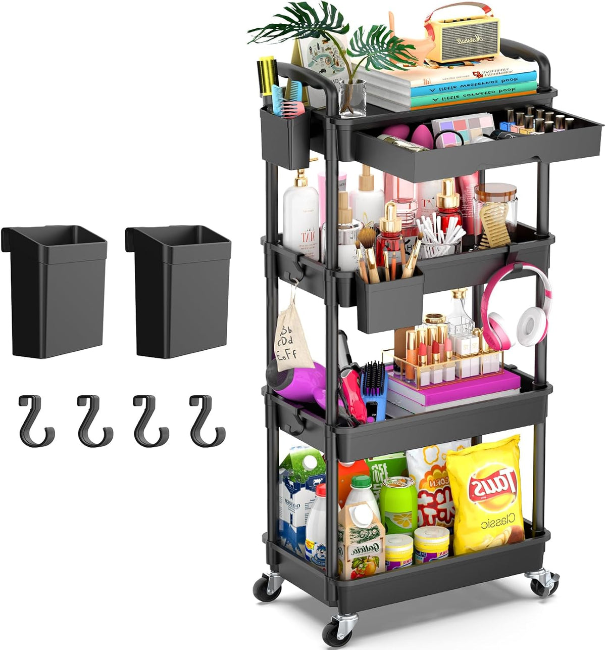 3 Tier Rolling Utility Cart Organizer with Removable Drawer, White