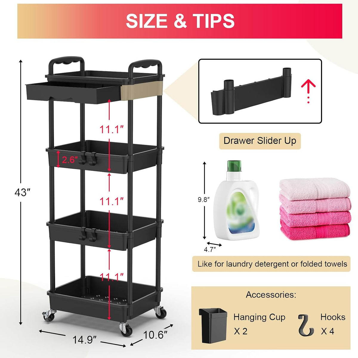 3 Tier Rolling Utility Cart Organizer with Removable Drawer, White