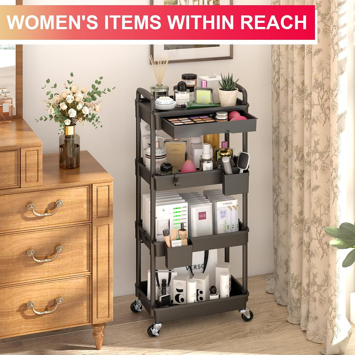 3 Tier Rolling Utility Cart Organizer with Removable Drawer, White