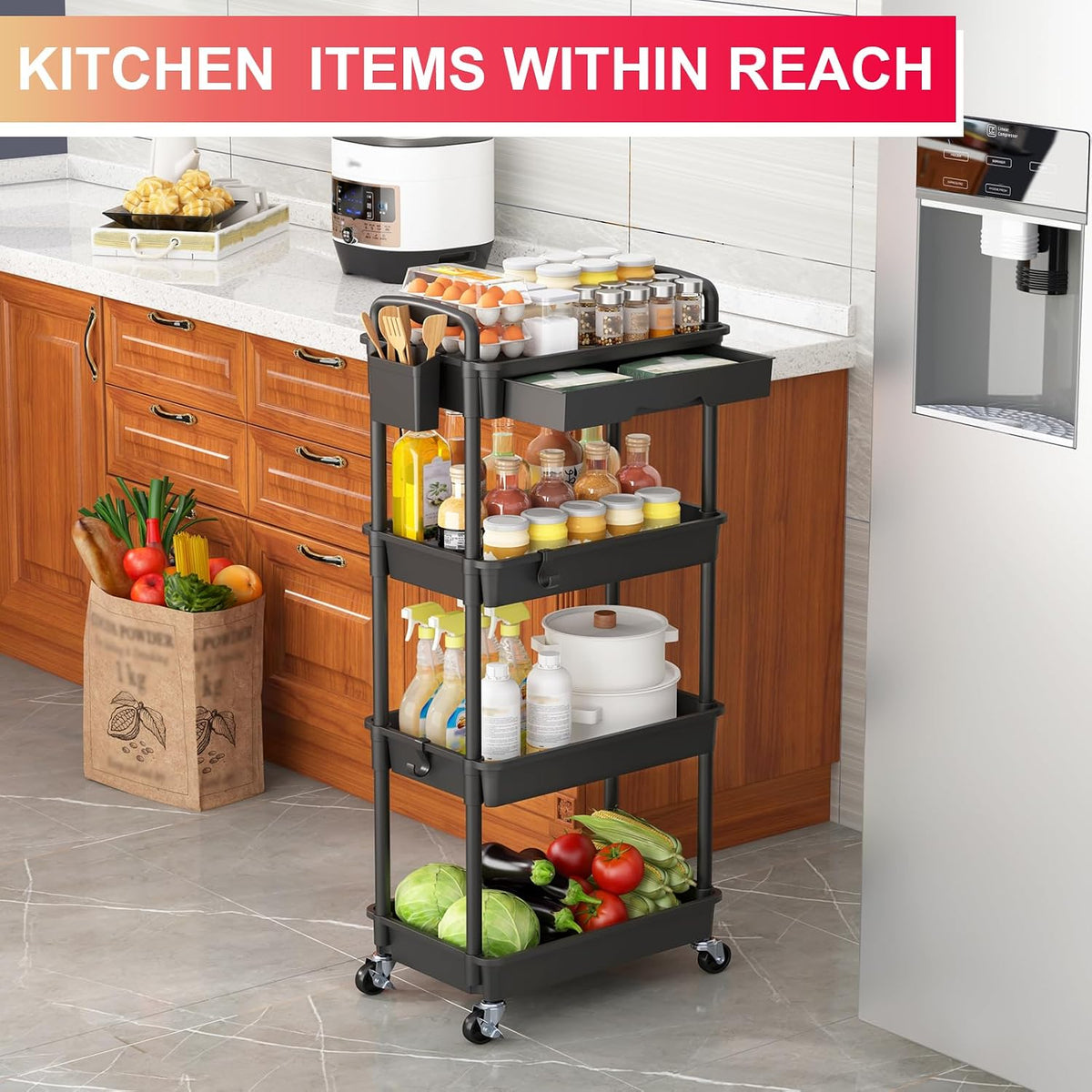 3 Tier Rolling Utility Cart Organizer with Removable Drawer, White