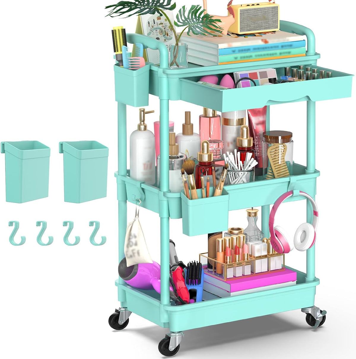 3 Tier Rolling Utility Cart Organizer with Removable Drawer, White