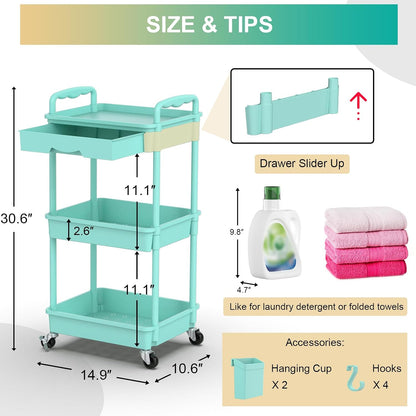3 Tier Rolling Utility Cart Organizer with Removable Drawer, White