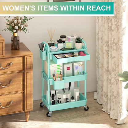 3 Tier Rolling Utility Cart Organizer with Removable Drawer, White