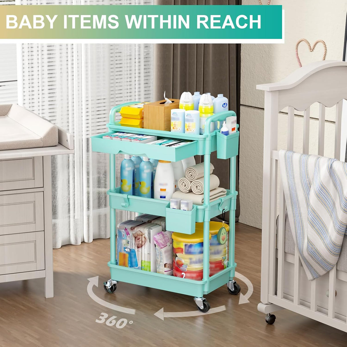 3 Tier Rolling Utility Cart Organizer with Removable Drawer, White
