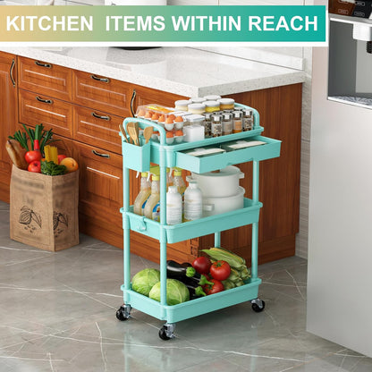 3 Tier Rolling Utility Cart Organizer with Removable Drawer, White