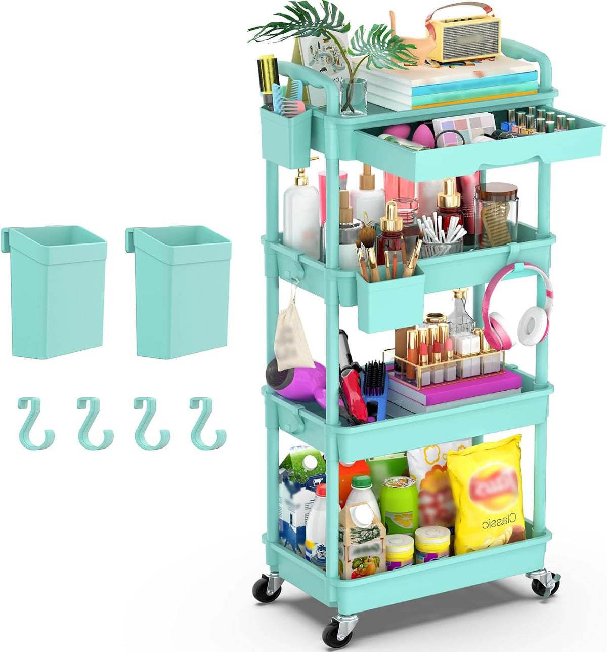 3 Tier Rolling Utility Cart Organizer with Removable Drawer, White