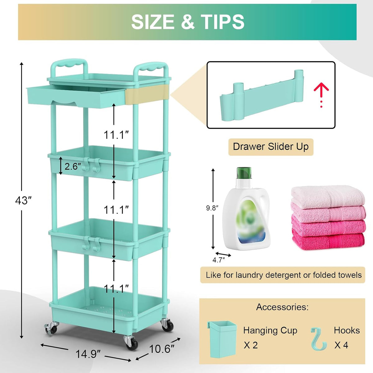 3 Tier Rolling Utility Cart Organizer with Removable Drawer, White