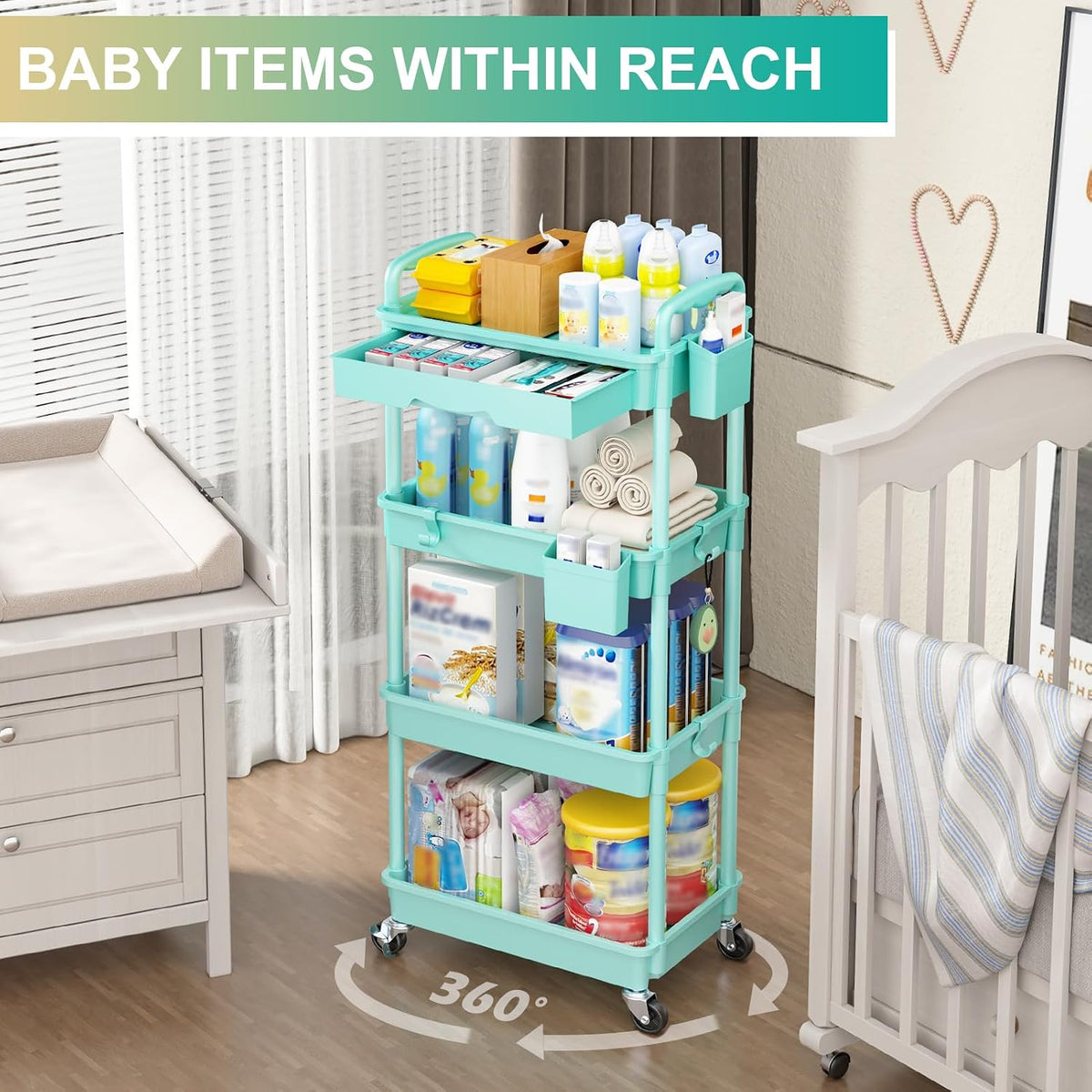 3 Tier Rolling Utility Cart Organizer with Removable Drawer, White