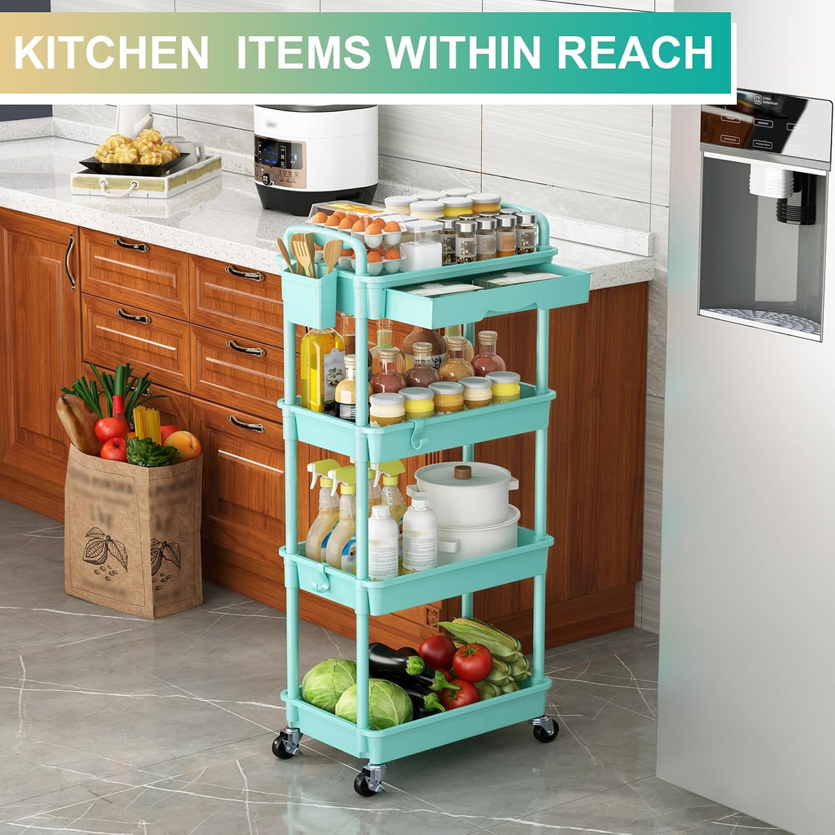 3 Tier Rolling Utility Cart Organizer with Removable Drawer, White