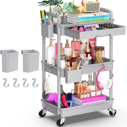 3 Tier Rolling Utility Cart Organizer with Removable Drawer, White