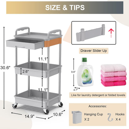 3 Tier Rolling Utility Cart Organizer with Removable Drawer, White