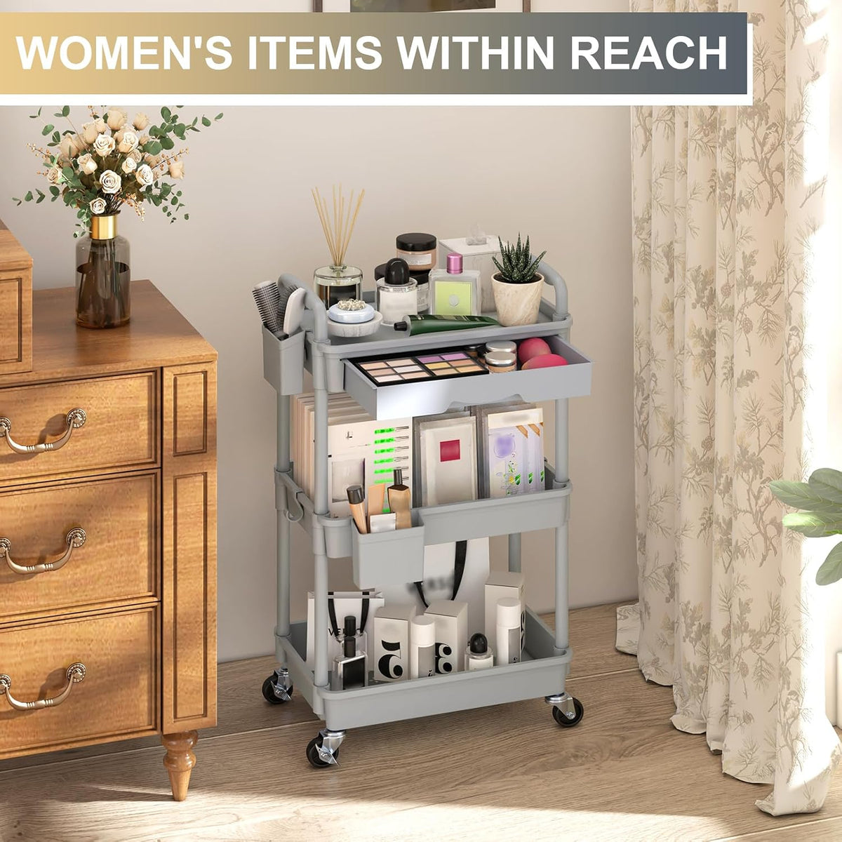 3 Tier Rolling Utility Cart Organizer with Removable Drawer, White