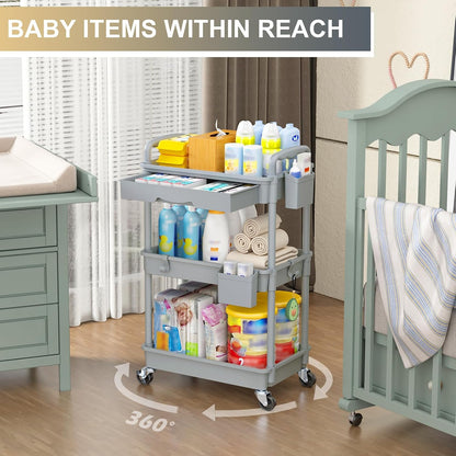 3 Tier Rolling Utility Cart Organizer with Removable Drawer, White