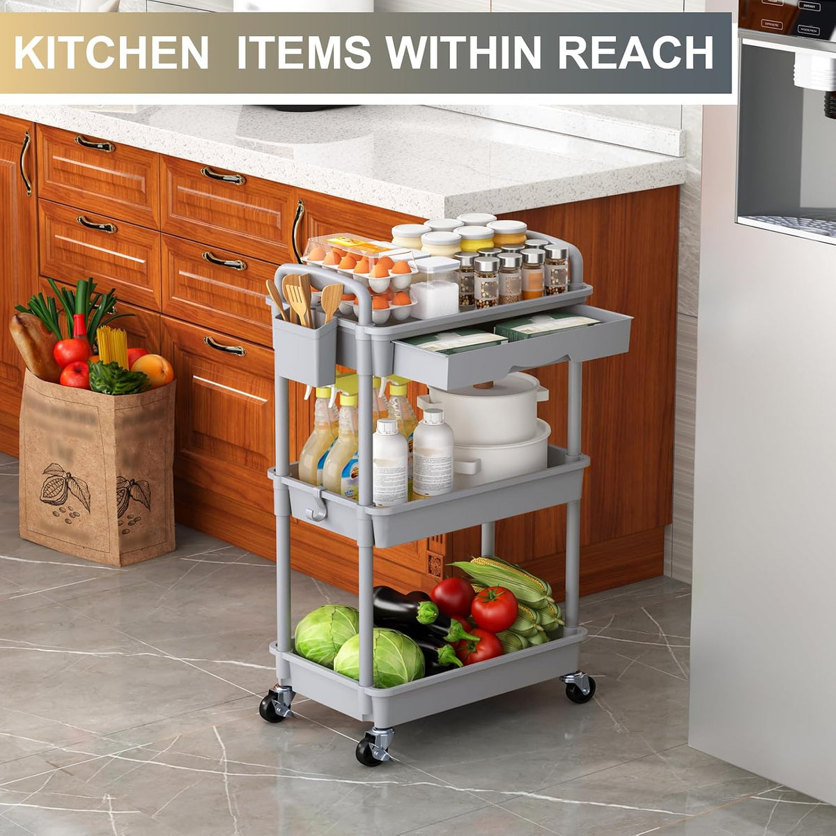3 Tier Rolling Utility Cart Organizer with Removable Drawer, White