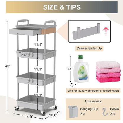 3 Tier Rolling Utility Cart Organizer with Removable Drawer, White