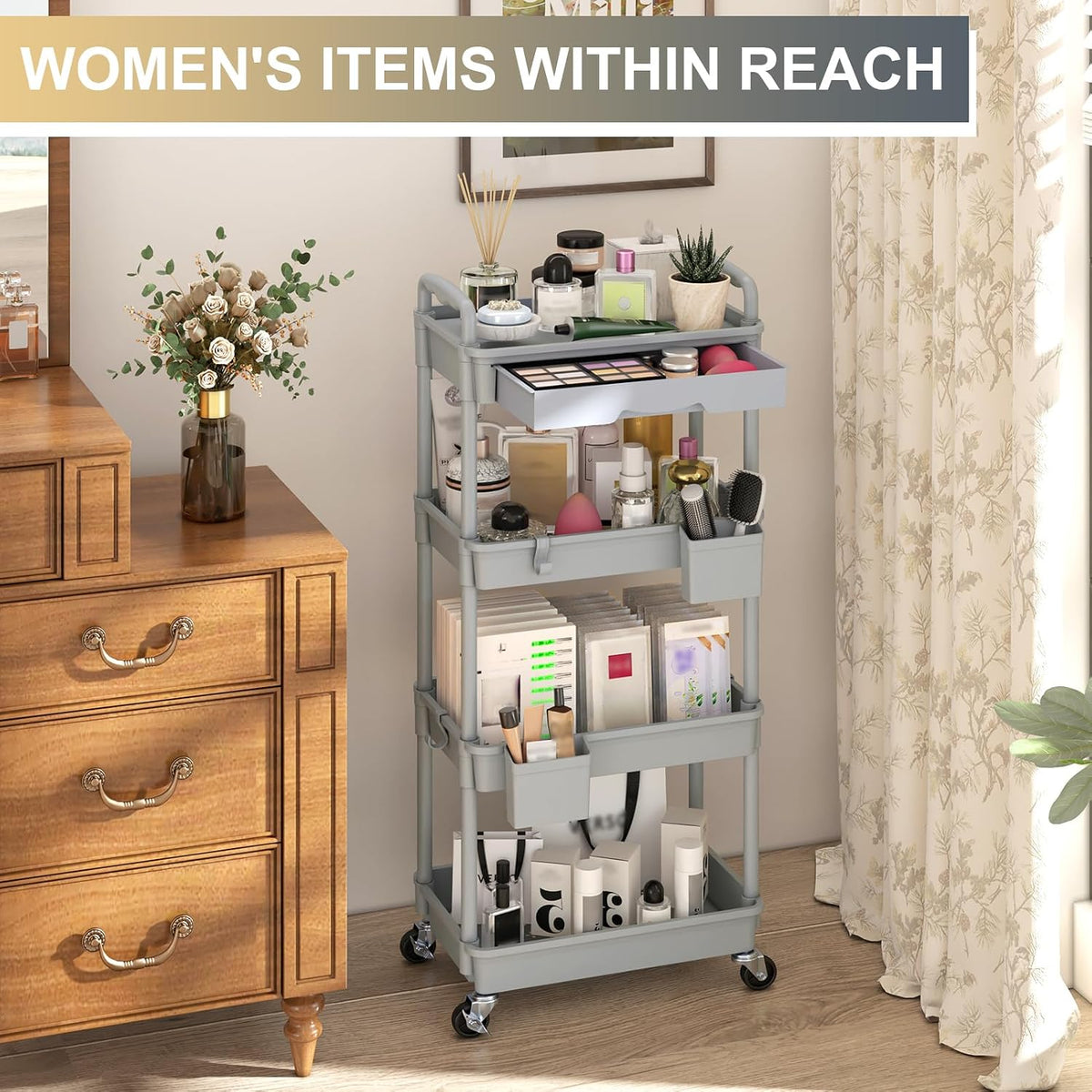 3 Tier Rolling Utility Cart Organizer with Removable Drawer, White