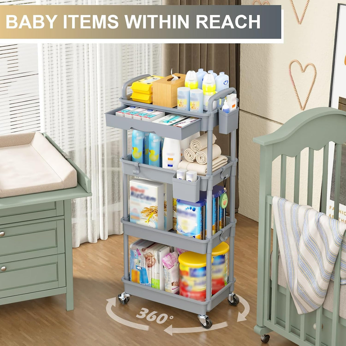 3 Tier Rolling Utility Cart Organizer with Removable Drawer, White