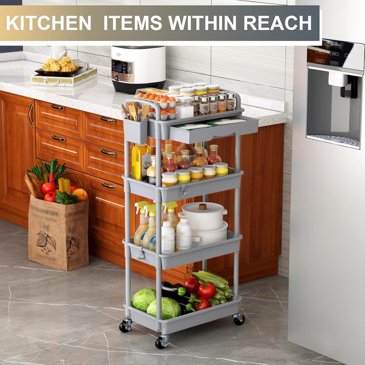 3 Tier Rolling Utility Cart Organizer with Removable Drawer, White